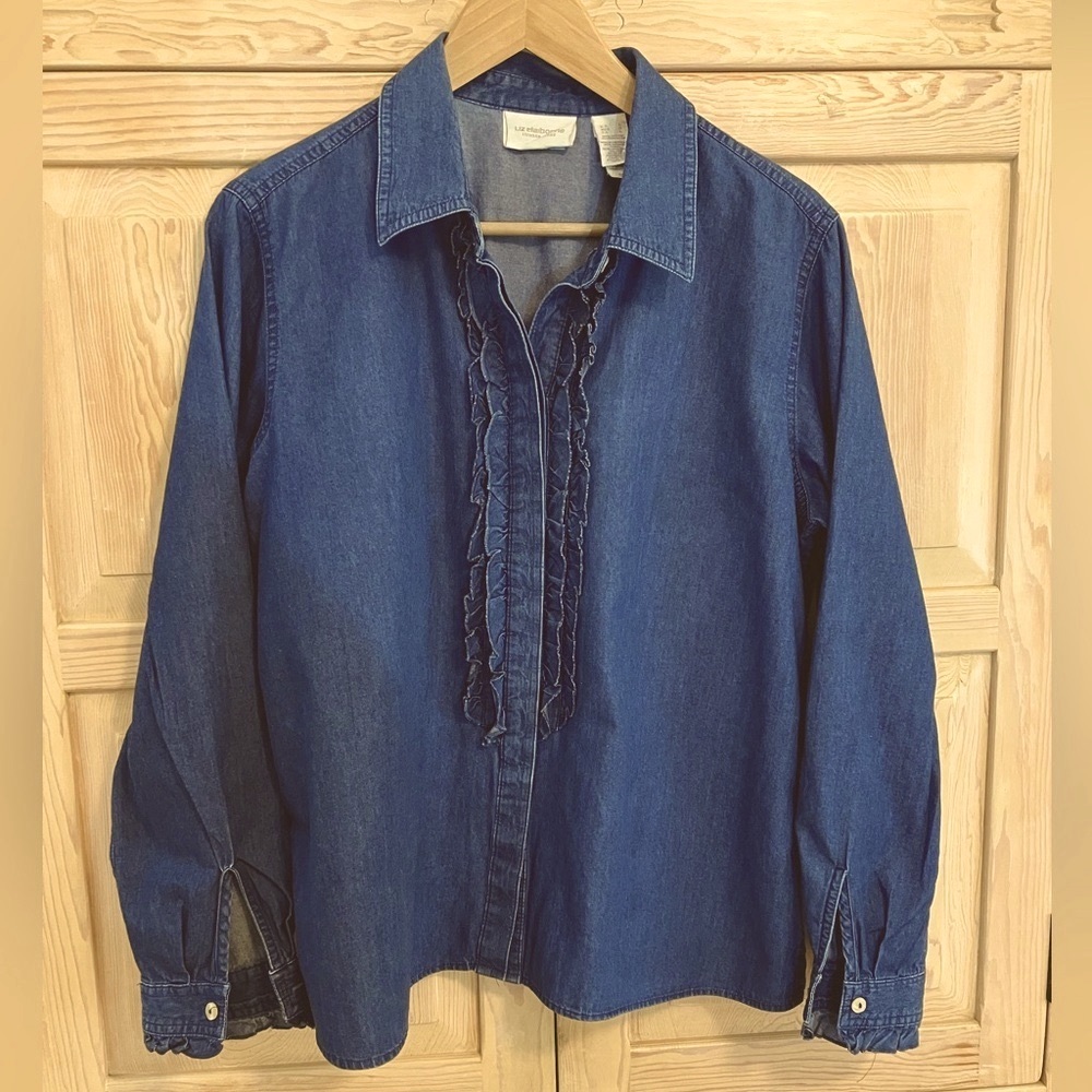 Dark Denim Ruffle Button Down Shirt Liz Claiborne 100% Cotton Long Sleeve